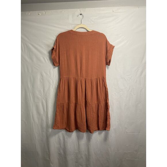 New Madewell Lightspun Cuff Sleeve Button Front Tiered Mini Dress Orange Size XS - Picture 3 of 5